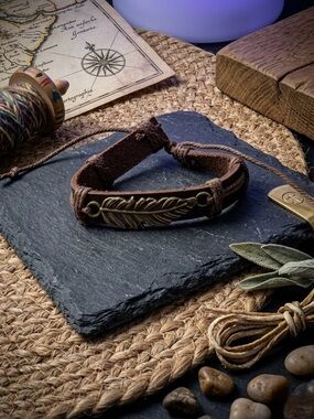 Hand Crafted Brown Leather Bracelet with Brass Feather